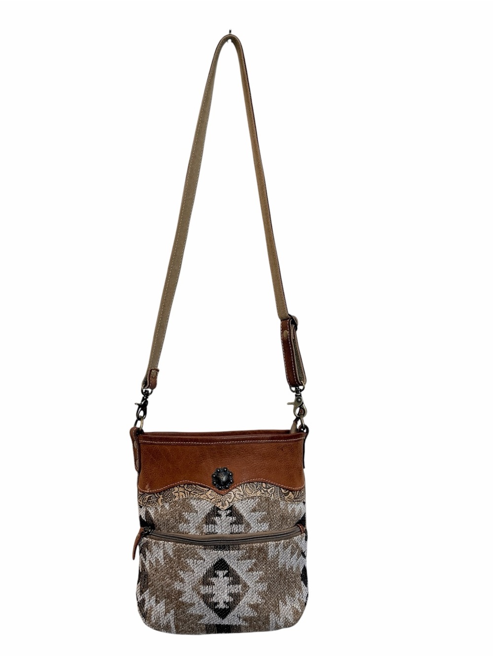 Myra Tincture Leather & Canvas Crossbody Bag Western Aztec Adjustable Strap
